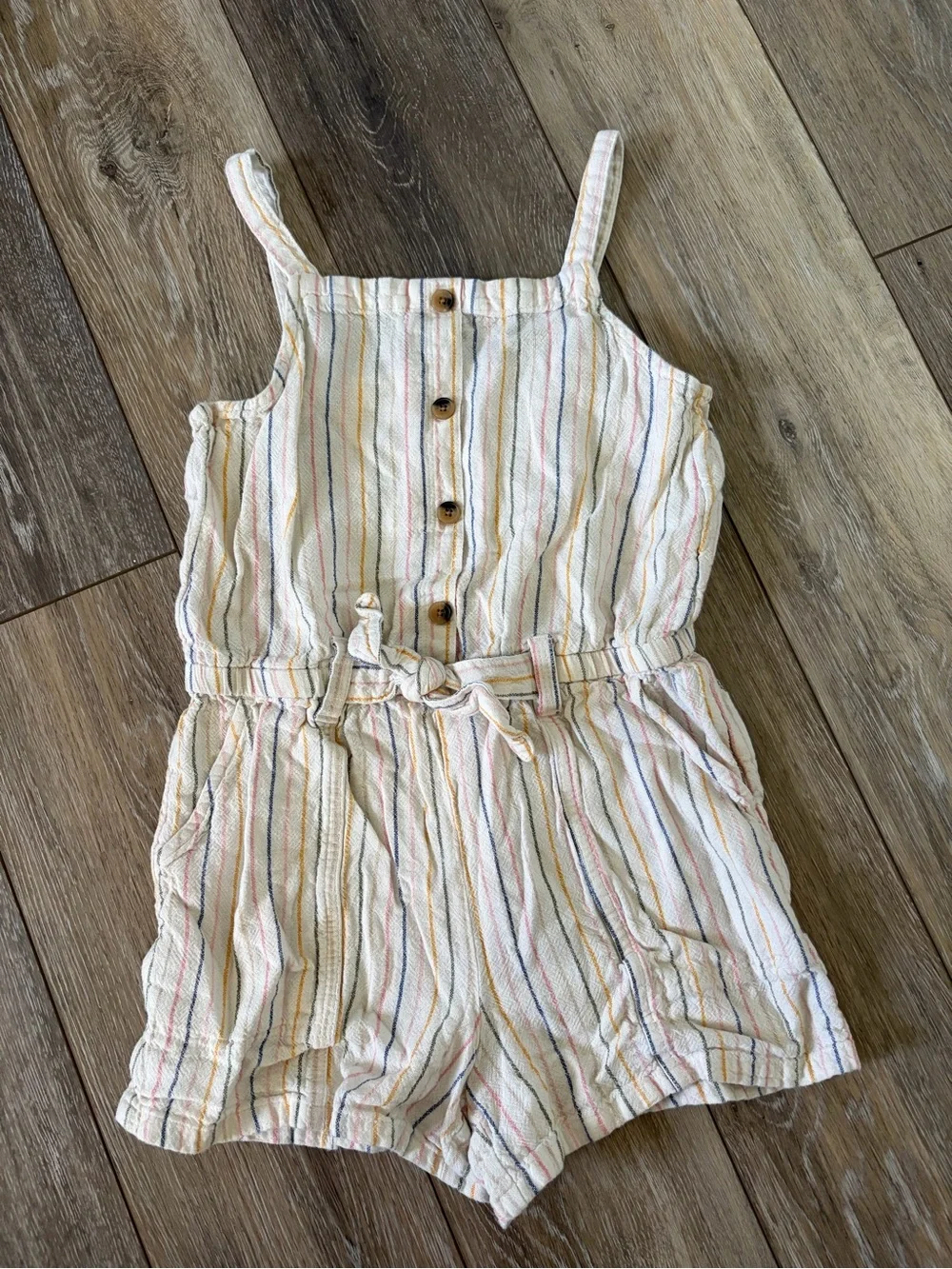 Old Navy Girls Linen Cream Multi-Stripe Button-Front Romper